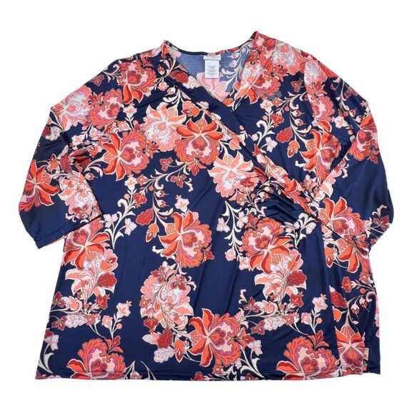 Jaclyn Smith Blouse 3X Blue Large Floral Pattern Faux Wrap Romantic Boho Top - Picture 5 of 9